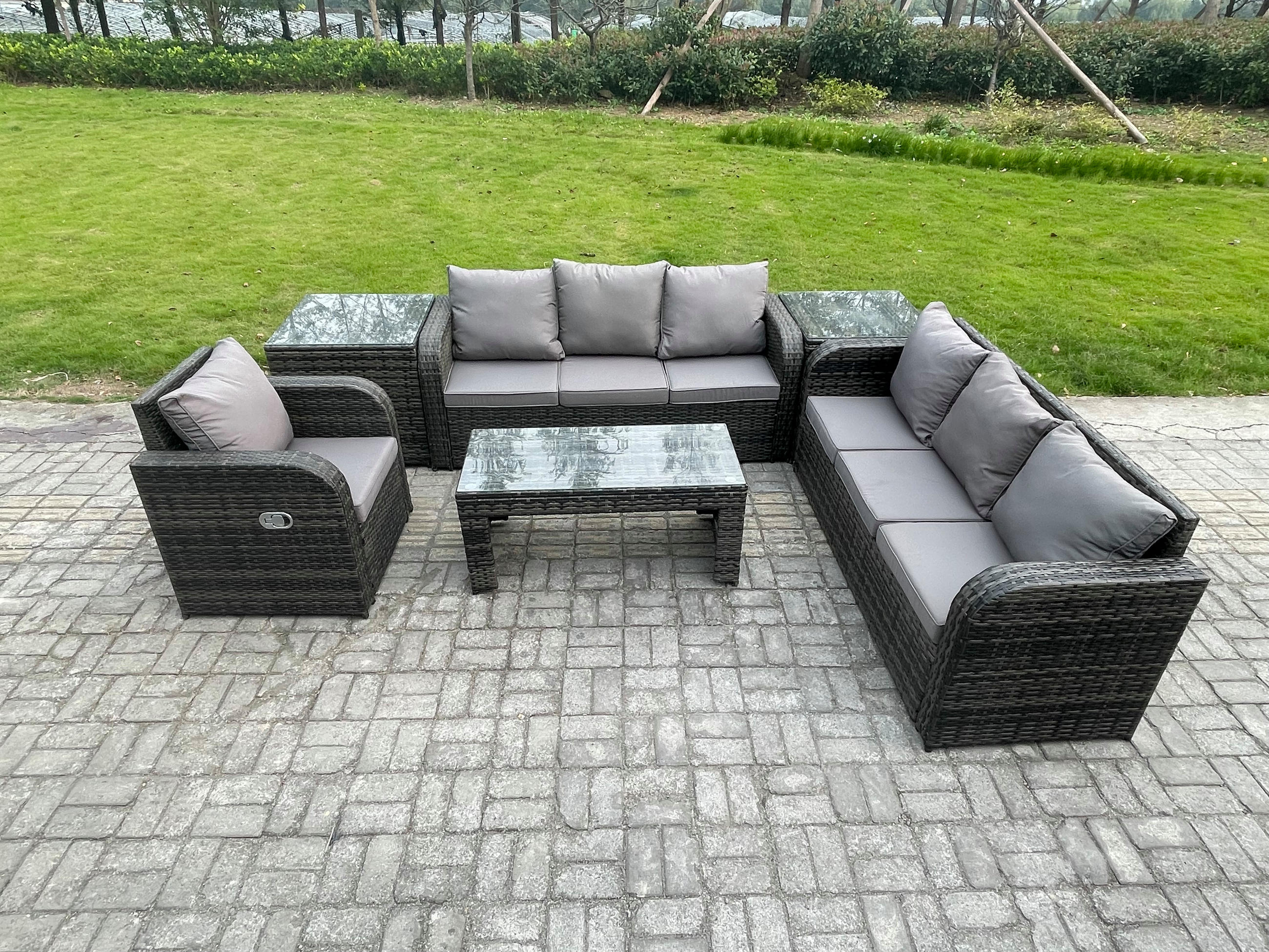 GARTENSOFA SET mit rechteckigem COUCHTISCH Polyrattan 7-Sitzer Dunkelgrau - Dunkelgrau/Grau, Glas/Kunststoff - Fimous