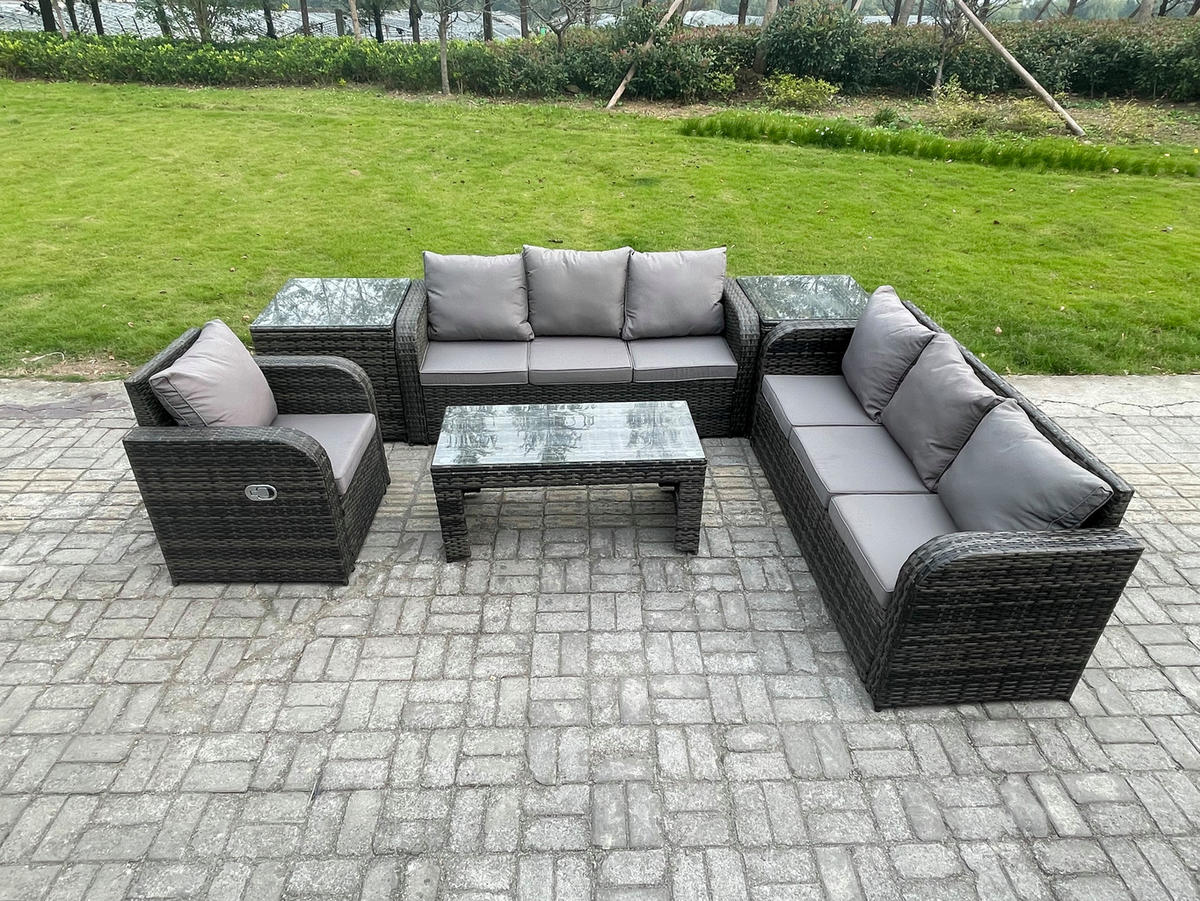GARTENSOFA SET mit rechteckigem COUCHTISCH Polyrattan 7-Sitzer Dunkelgrau - Dunkelgrau/Grau, Glas/Kunststoff - Fimous