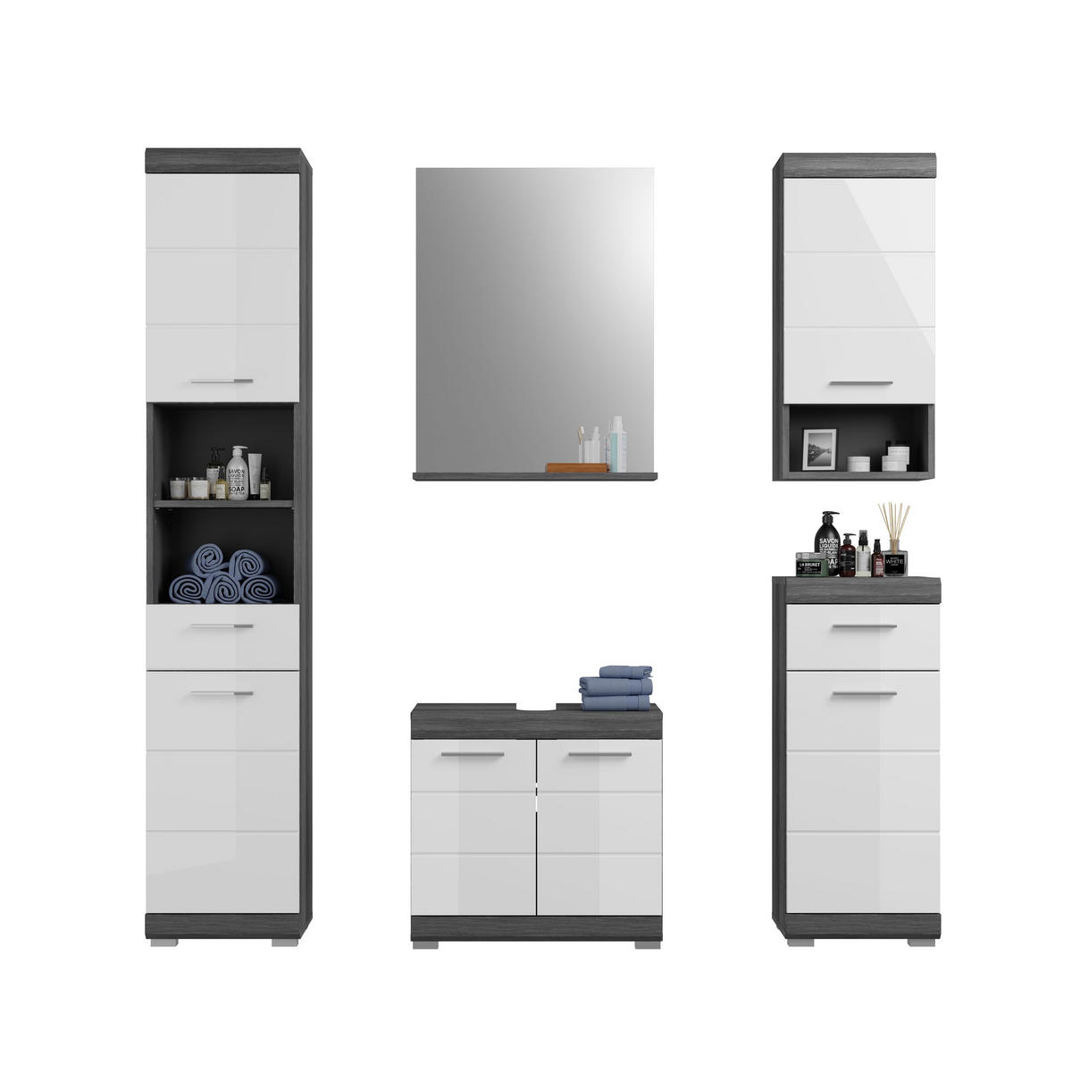 BADKOMBINATION 5tlg. Scout Bad in Rauchsilber Nachbildung und weiß hochglanz B/H/T: 164x191x34 cm - Anthrazit, Holz (164/191/34cm)