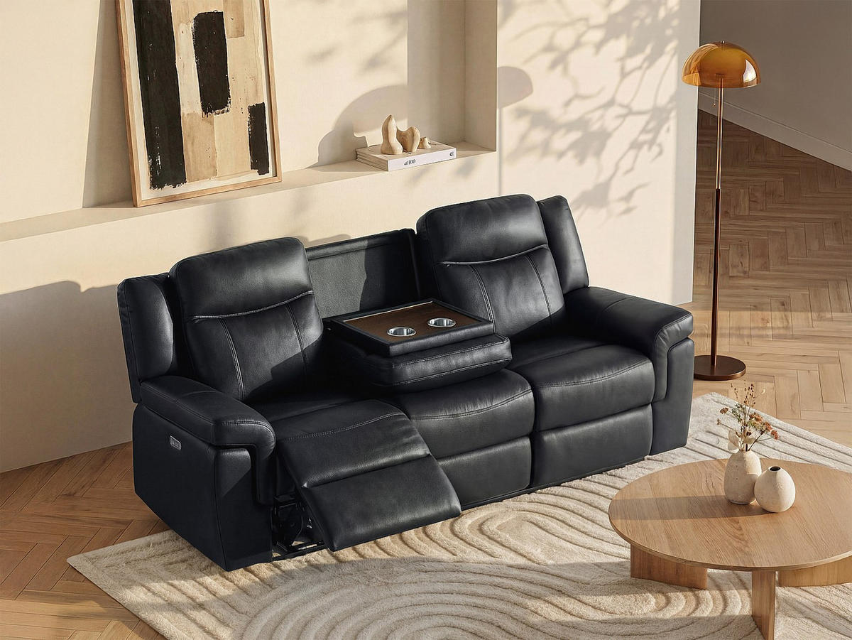 RELAXSOFA - 3 Personen - Leder - Schwarz - - Schwarz, Leder (204/98/93cm) - Vente-Unique