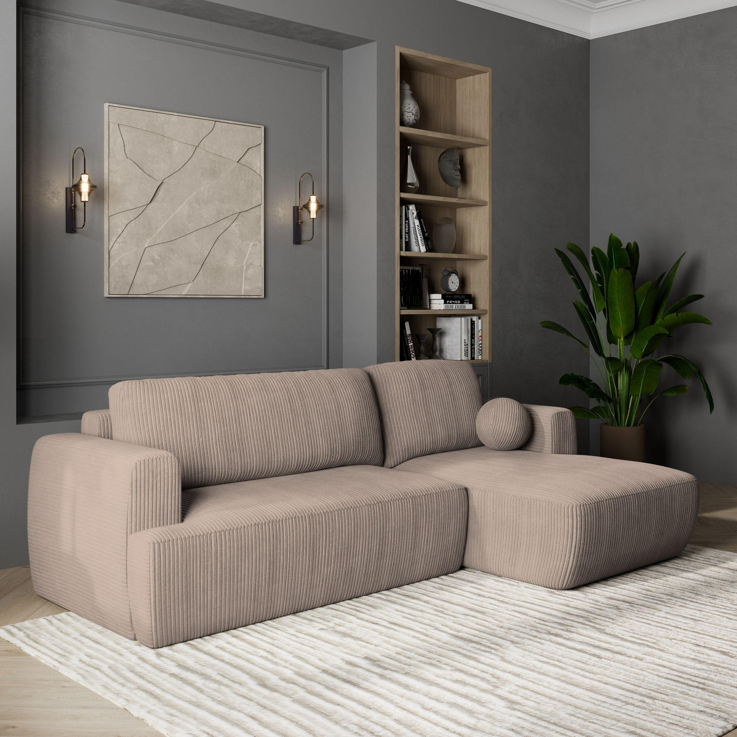 ECKSOFA SENTI P R-S Beige Kordstoff mit Schlaffunktion - Beige, Holz (246/148cm) - MASSENO