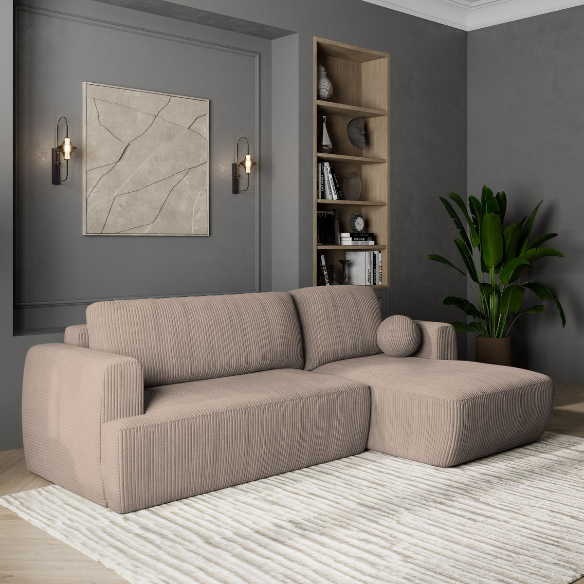 ECKSOFA SENTI P R-S Beige Kordstoff mit Schlaffunktion - Beige, Holz (246/148cm) - MASSENO