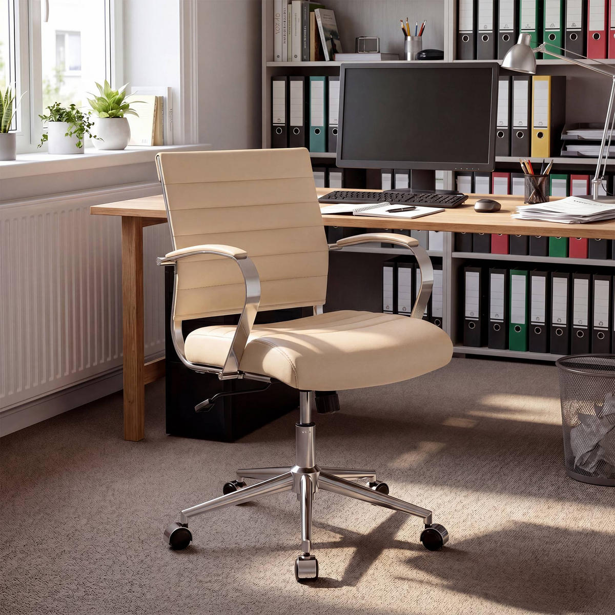 KONTORSSTOL Oakland - Cremefärgad/Kromfärg, Läder/Textil (57/90/62cm) - CLP