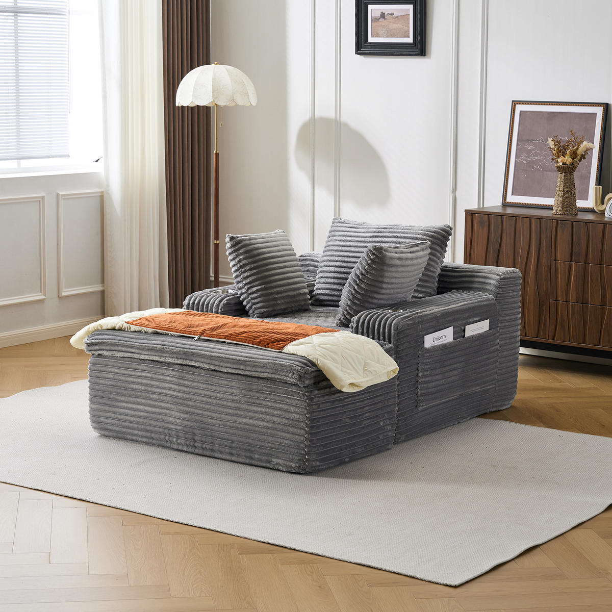 KLAPPSOFA mit 2-in-1-Funktionskissen, Cordstoff - Grau - Grau, Textil (113/63/164cm) - KOMHTOM
