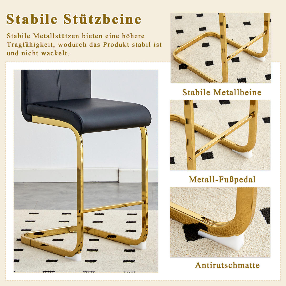 BARHOCKER 2er-Set Schwarz mit PU-Leder und goldfarbenen Metallbeinen - Schwarz, Metall (39/96.5/46.5cm) - PANGIVO