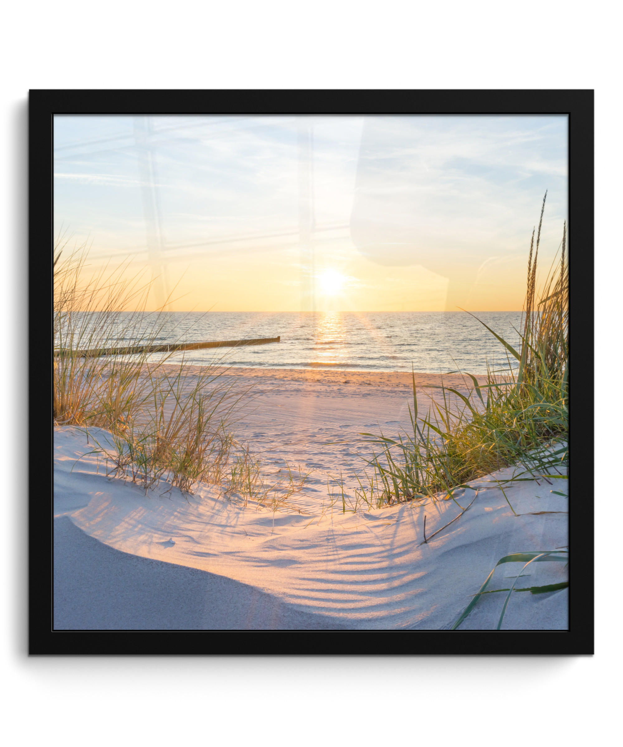 POSTER MIT RAHMEN Strand - Sonne - Düne - Gras - Sand - Horizont 40x40 cm - Hellblau, Papier (40/40cm) - MuchoWow