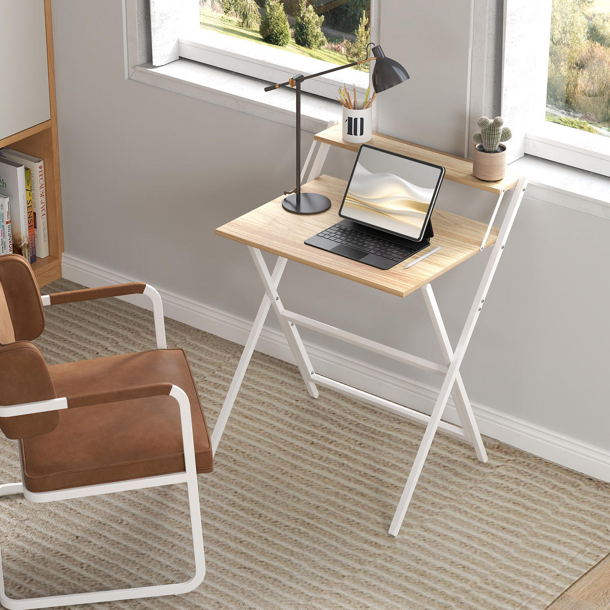 SCHREIBTISCH Stahl MDF Naturholz - Weiß/Naturfarben, Holzwerkstoff (62/70/86.5cm) - HOMCOM