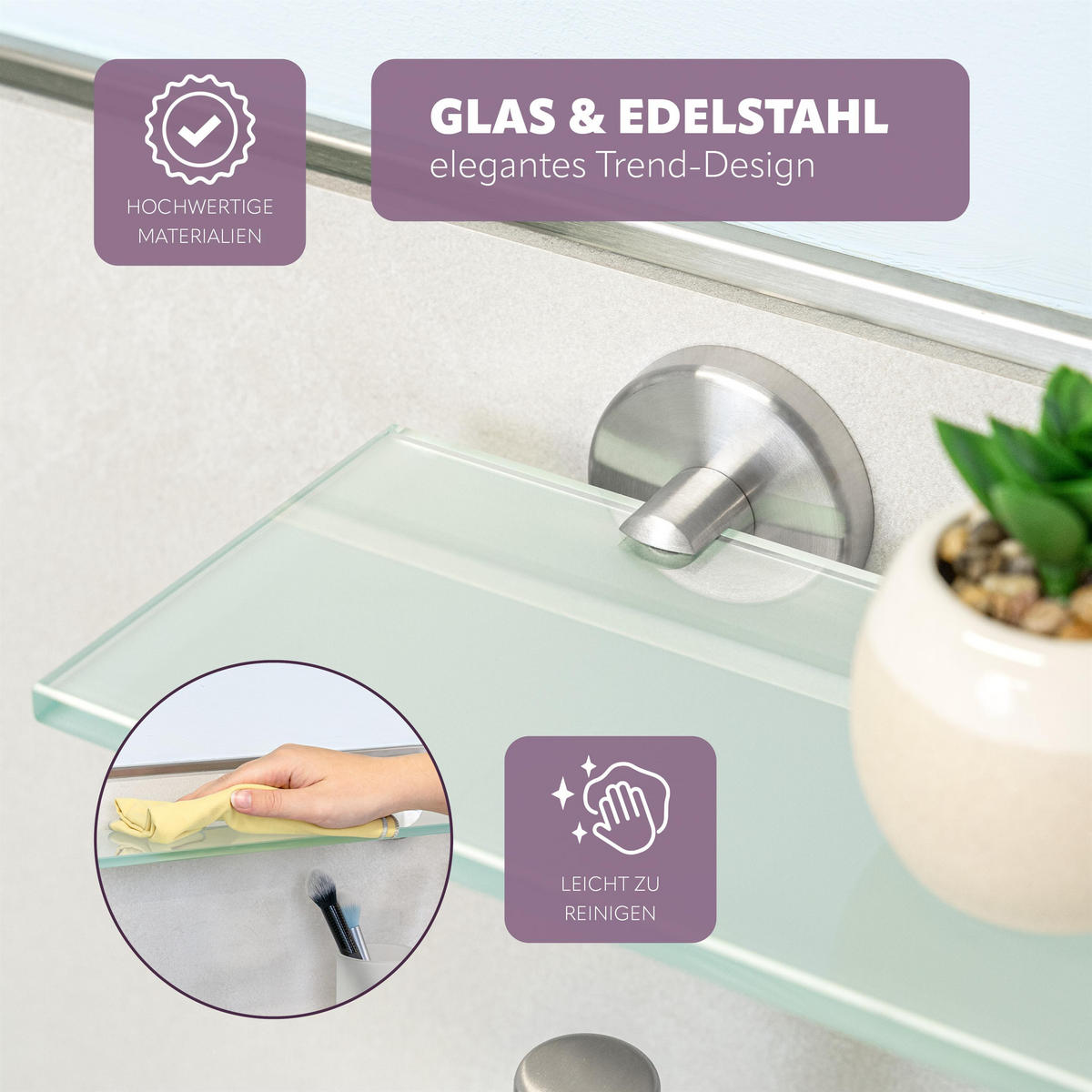 GLASABLAGE PIAZZA Edelstahl, inkl. Klebeset - Edelstahlfarben, Metall (46.5/6/13cm) - bremermann