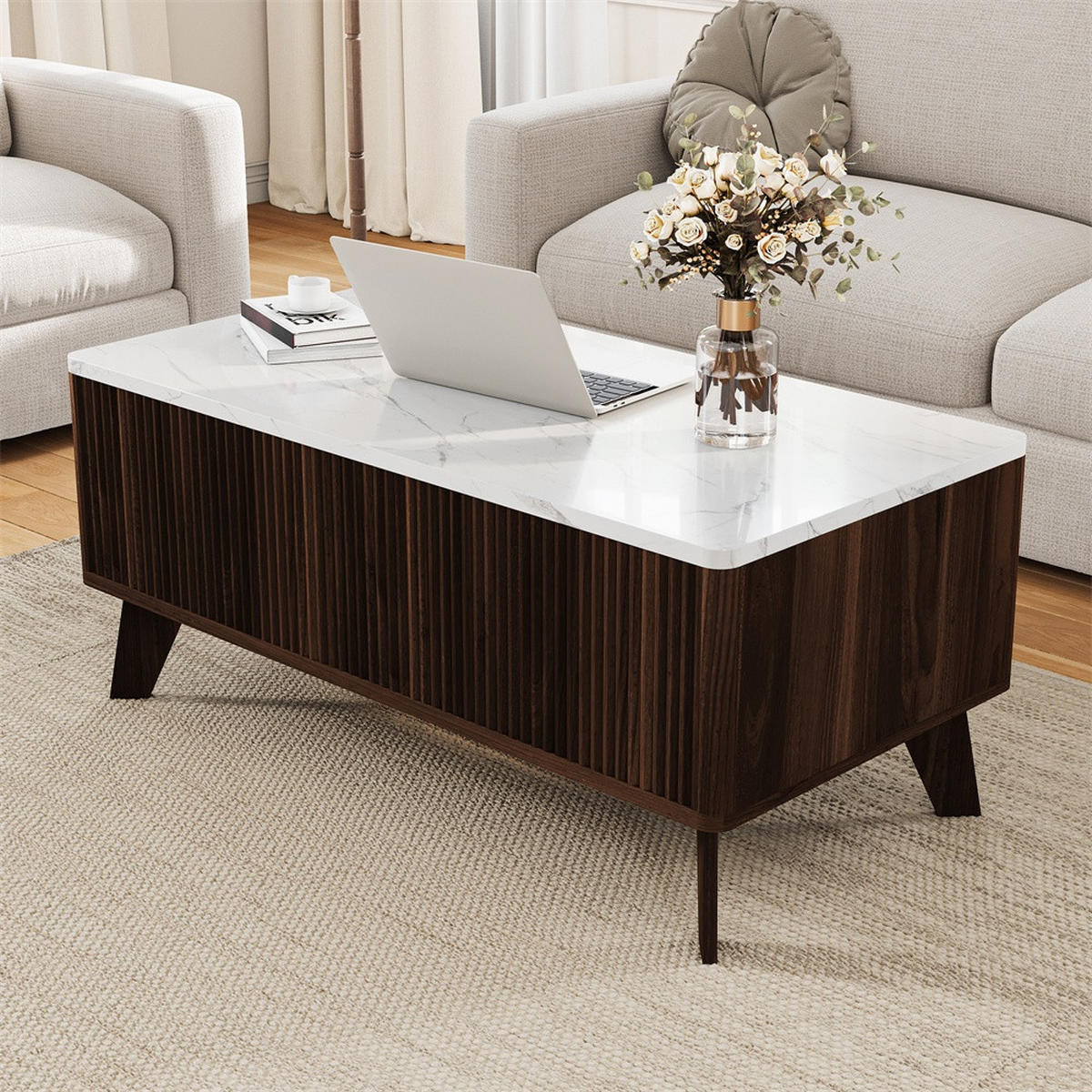COUCHTISCH in weißer Marmoroptik - Couchtisch Rechteckig mit Lift-Funktion Stauraum und Holzbeinen - Walnuss - Walnussfarben, Holzwerkstoff (53/105/42cm) - DELFA