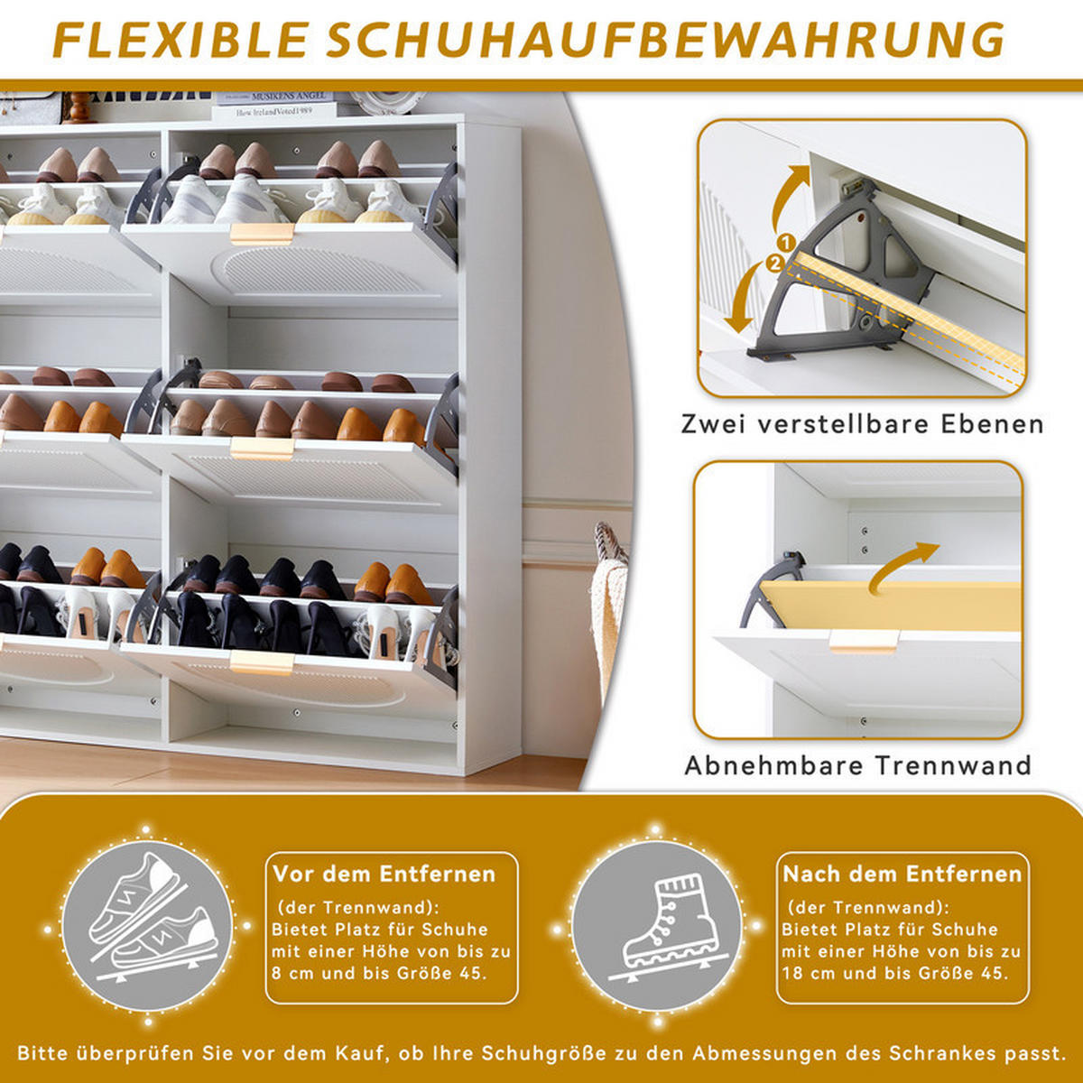 SCHUHSCHRANK WEISS 6 Klappenfächer offene Ablageflächen - Weiß, Holzwerkstoff (25/115/118cm) - Bomclap