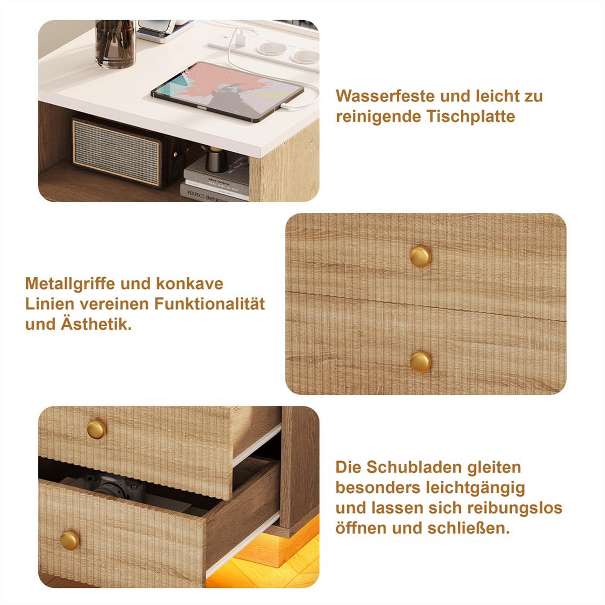 NACHTTISCH 2er Set - Nachtkonsole mit 2 Schubladen & Offenem Fach - 7-Farben-LED & Ladefunktion - Natur - Naturfarben, Holzwerkstoff (44/55/38cm) - DELFA