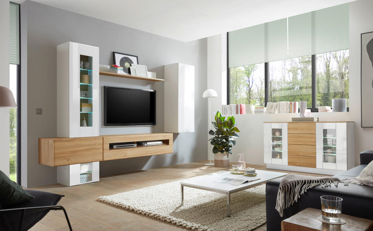 SIDEBOARD weiß Hochglanz, Grandson Eiche, Kommode 136 x 85 cm - Weiß Hochglanz/Eichefarben, Holzwerkstoff (136/85/43cm) - Furn.Design