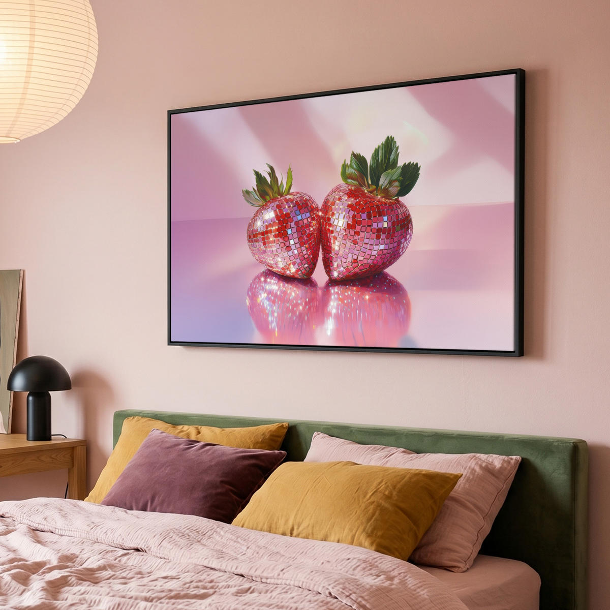 LEINWAND Bilder mit Rahmen - Disco - Obst - Glitzer - Erdbeere - 140x90 - Pink, Textil (140/90cm) - MuchoWow
