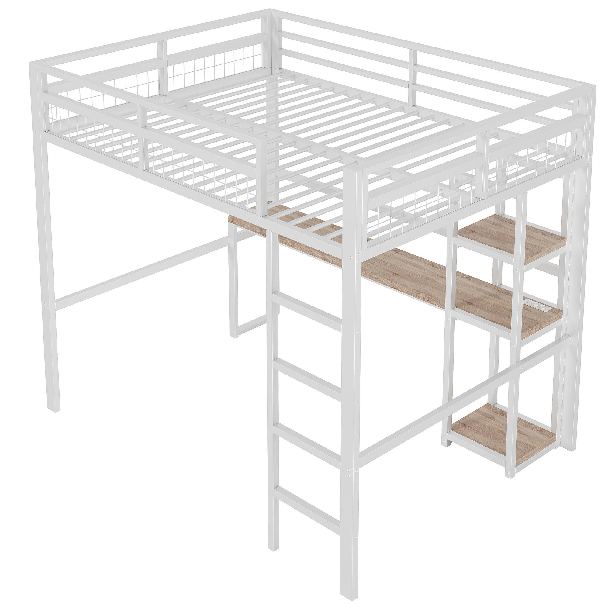 HOCHBETT 140/200 cm DE-04469, mit Schreibtisch und mehreren Regalen in Weiß - Weiß, Metall (140/200cm) - ComfortXL