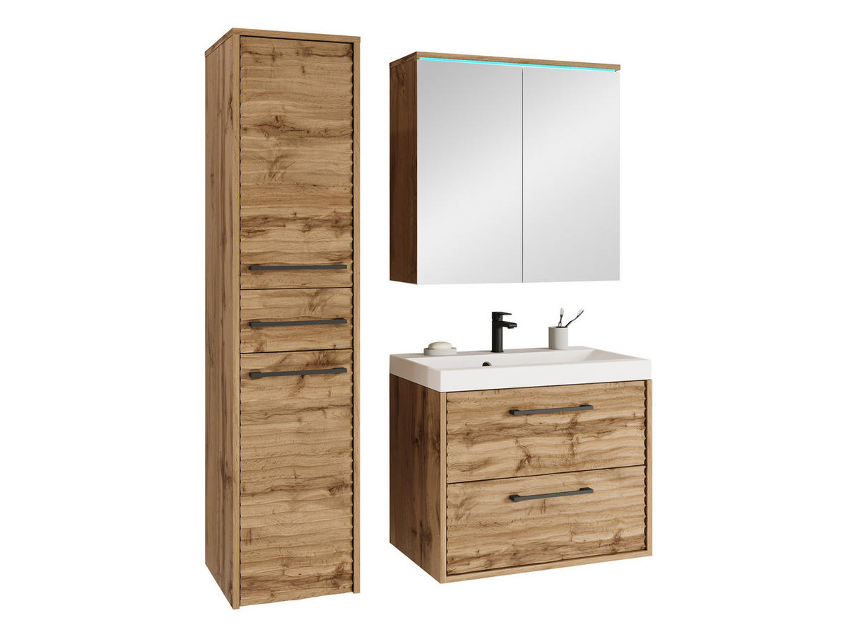 BADMÖBEL-SET Canavas I mit blauer LED Beleuchtung - Schwarz/Braun, Holzwerkstoff/Metall (30/130/35cm) - MIRJAN24