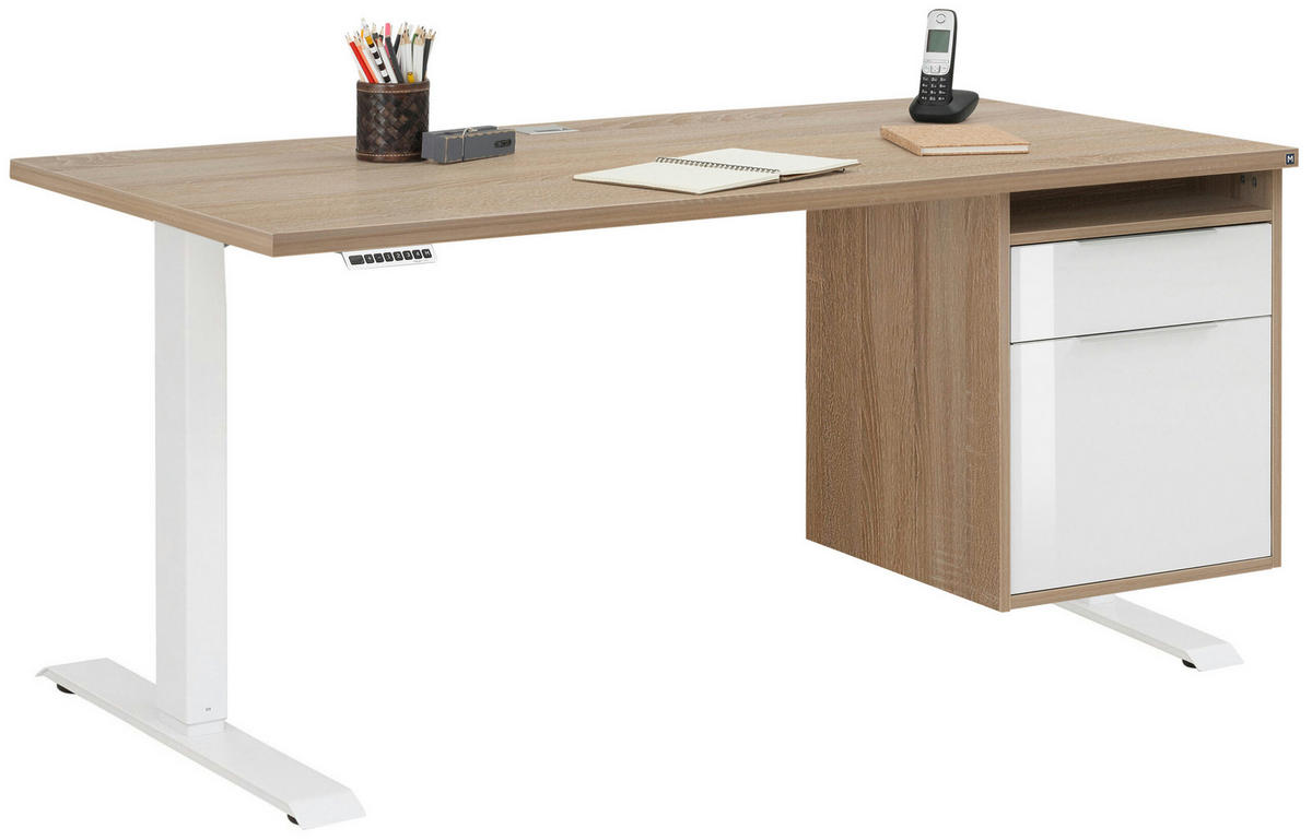 SCHREIBTISCH mit Hängecontainer Weiß und Eiche Sonoma 150x80cm, elektrisch höhenverstellbar – von MAJA Möbel – Container rechts - Weiß, Holzwerkstoff (80/150/70.5cm)
