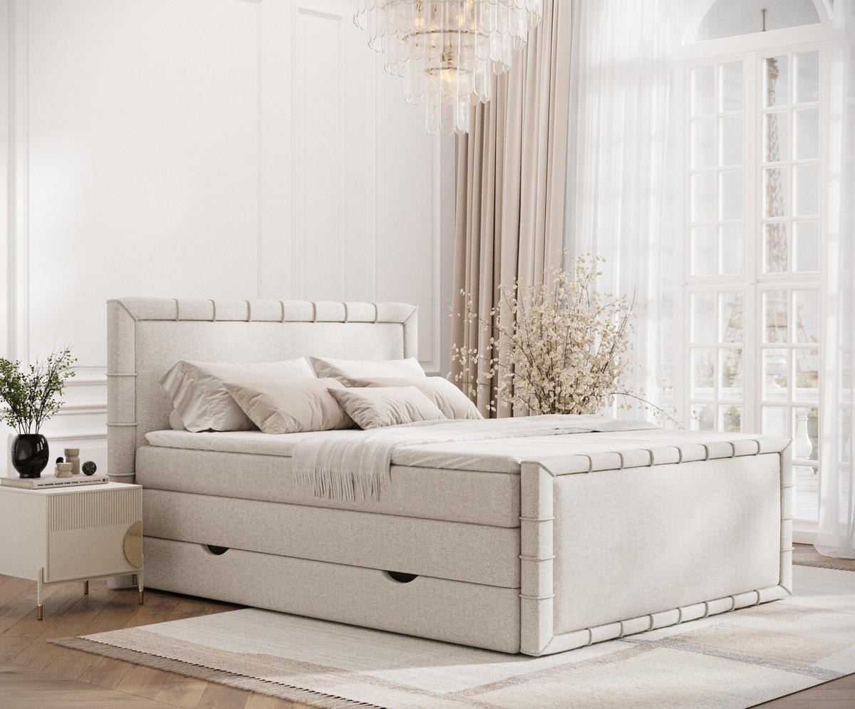 BOXBETT Estelle Beige 140/200 cm im Webstoff - Beige/Schwarz, Holz/Holzwerkstoff (140/200cm) - Maison de Reve