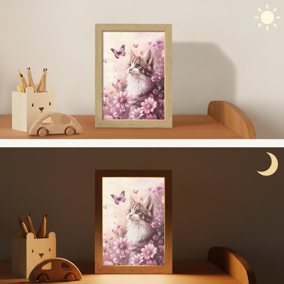 NACHTTISCHLAMPE Kätzchen - Blumen - Schmetterlinge - Lila 15x20 cm - Altrosa, Holzwerkstoff (8/15/20cm)