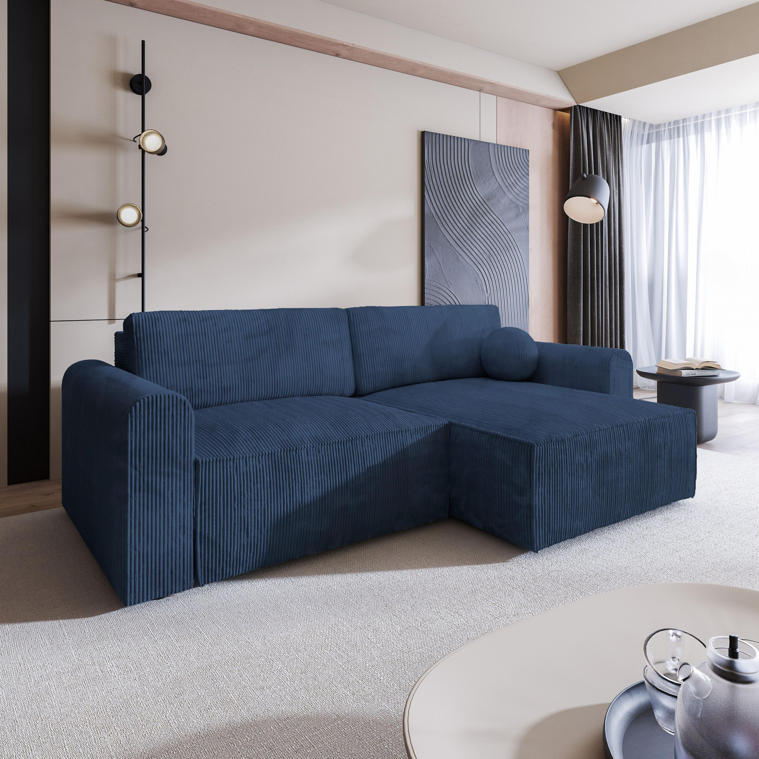ECKSOFA FIANO P Blau Kordstoff mit Schlaffunktion - Blau, Holz (245/148cm) - MASSENO