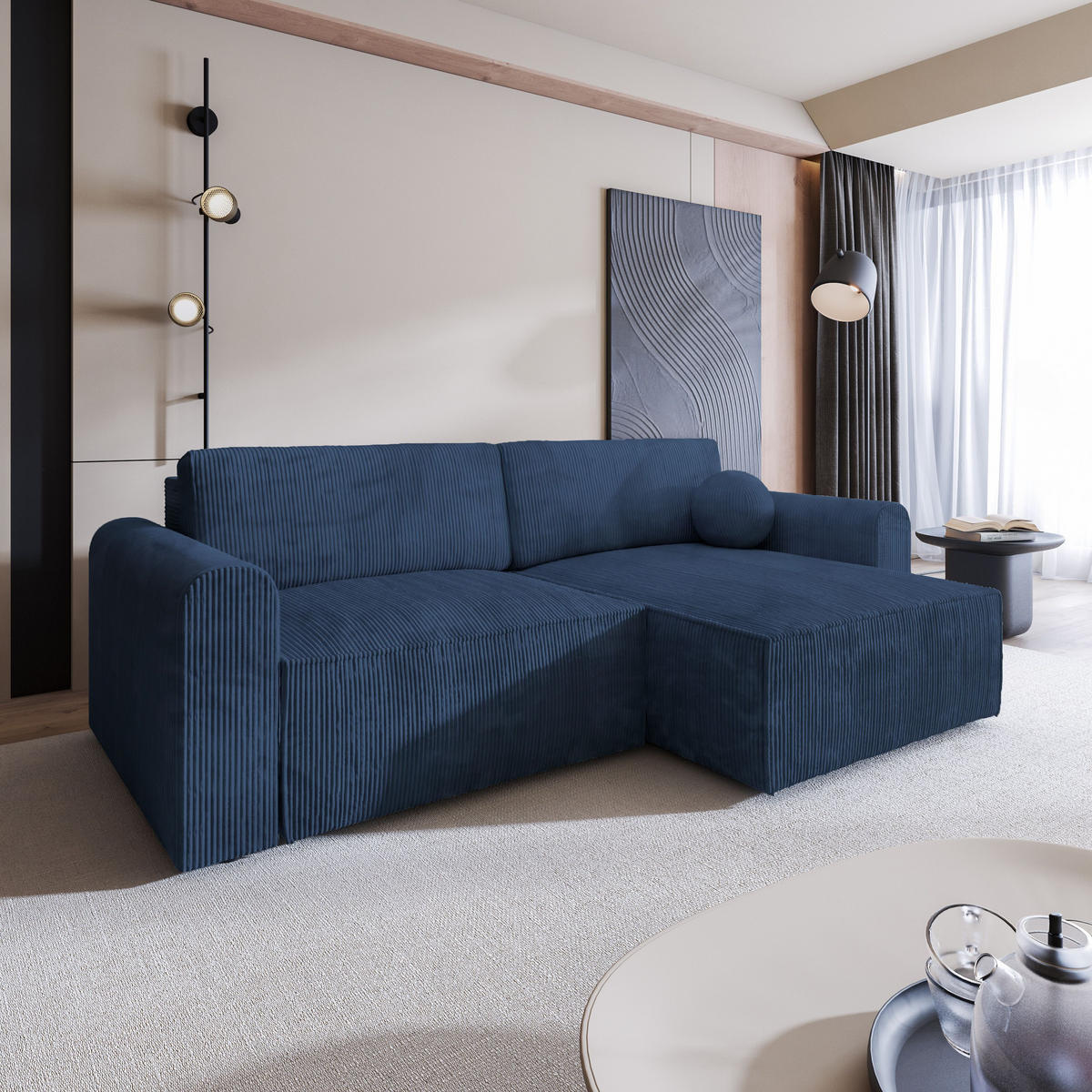 ECKSOFA FIANO P Blau Kordstoff mit Schlaffunktion - Blau, Holz (245/148cm) - MASSENO