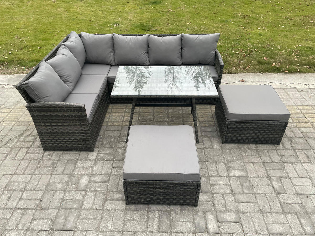 SITZGRUPPE mit Ecksofa,große Fußhocker Polyrattan Dunkelgrau 8-Sitzer - Dunkelgrau/Grau, Glas/Kunststoff - Fimous