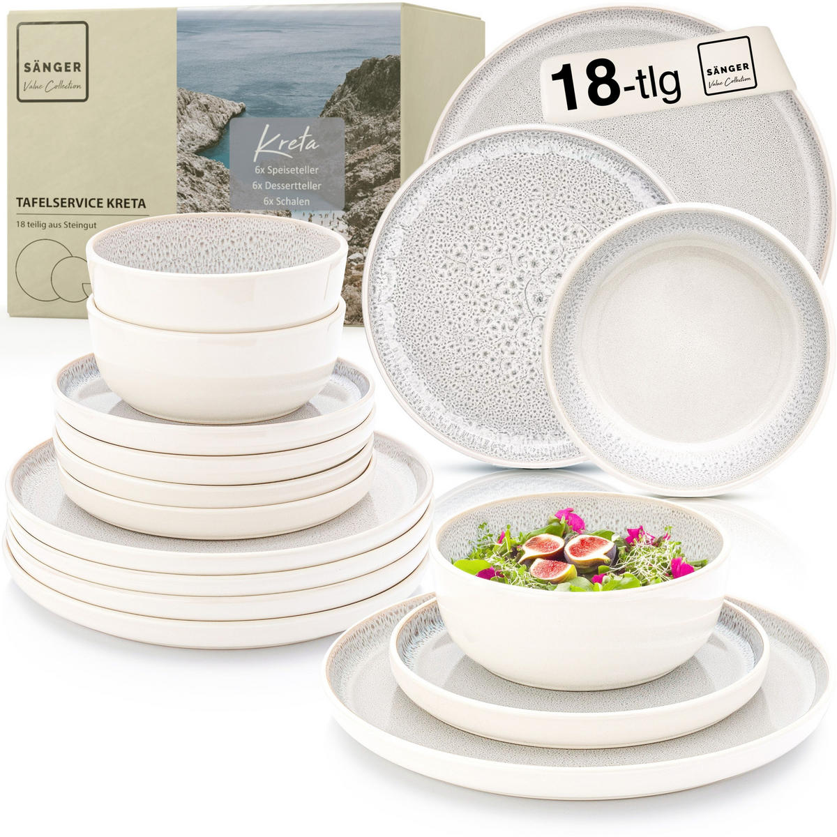 TAFELSERVICE KRETA - 18 teilig aus Steingut - Creme, Stein (27/6.5/27cm) - Sänger
