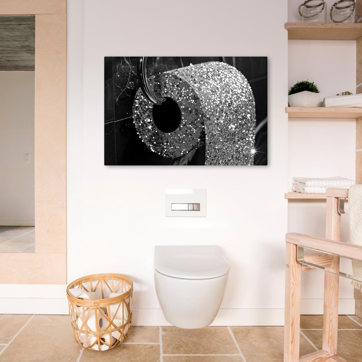 LEINWANDBILD WC - Toilettenpapier - Schwarz und weiß - Glitter Wanddeko 90x60 cm - Silberfarben, Textil (90/60cm) - MuchoWow