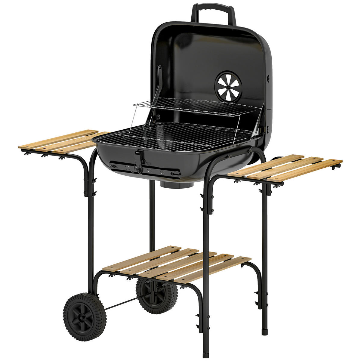 HOLZKOHLEGRILL DE-10299 mit abschließbarem Deckel & Holzablage Schwarz - Schwarz, Metall (54/91/98cm) - ComfortXL