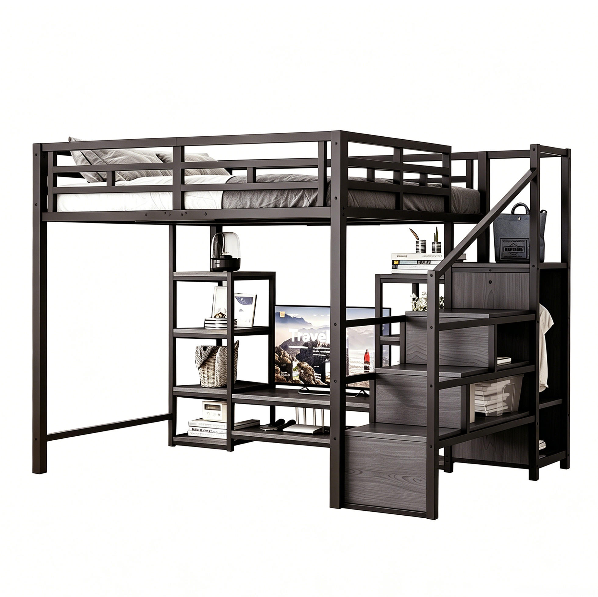 HOCHBETT 140/200 cm aus Metall mit TV-Ständer und Steckdose, Schwarz - Schwarz, Metall (140/200cm) - OKMYHOME