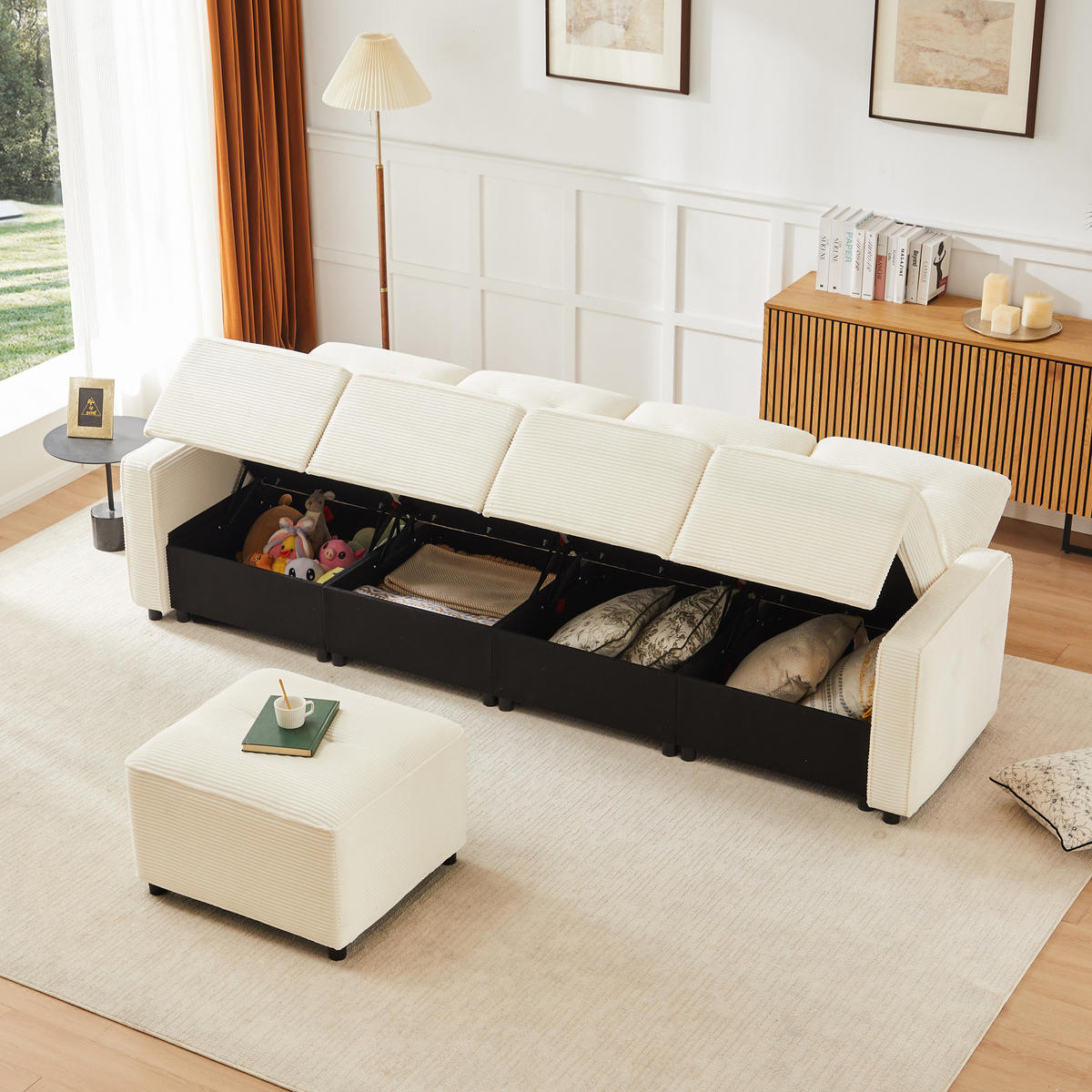 SOFA, 4-Sitzer, Stauraum, Hocker, Beige, 280x146x85cm - Beige, Textil (146/280cm) - FLIEKS