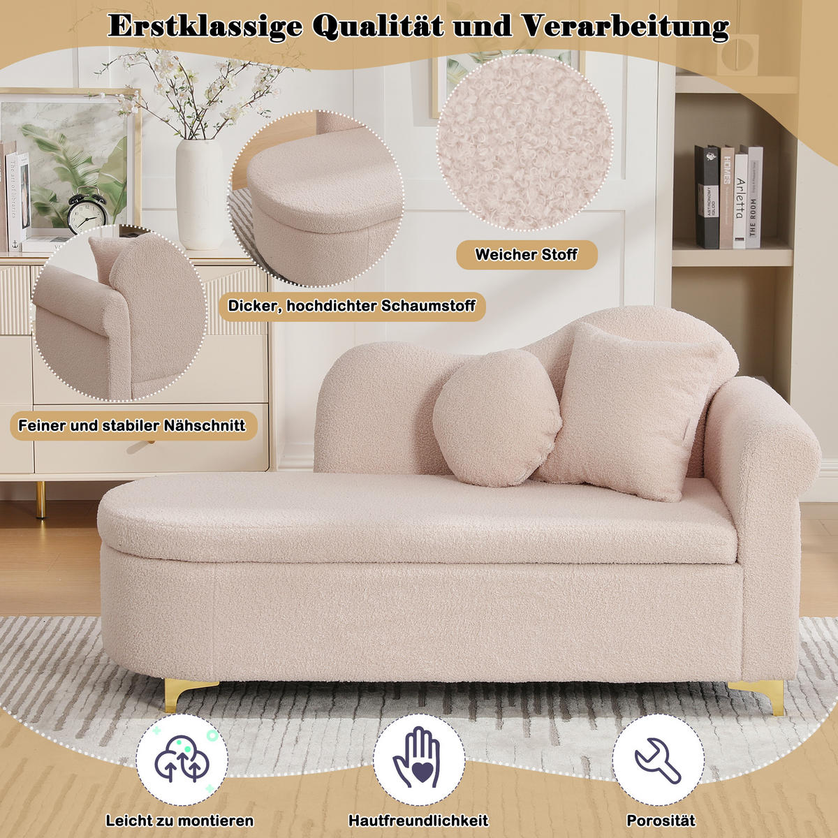 CHAISELONGUE 134 cm mit Stauraum, modernes Design, Teddyplüsch, wellenförmige Rückenlehne, inkl. Lenden- & Nackenkissen - Hellrosa, Textil (64/70/134cm) - Ej. Life