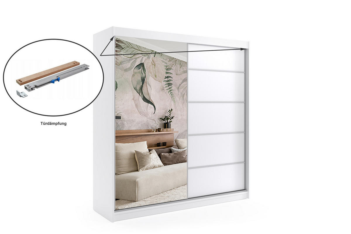 KLEIDERSCHRANK mit Spiegel-Schiebetüren und Aluminium-Leisten - MAKI - 200 cm Weiß - Weiß, Holzwerkstoff (200/216/61cm) - ALTDECOR