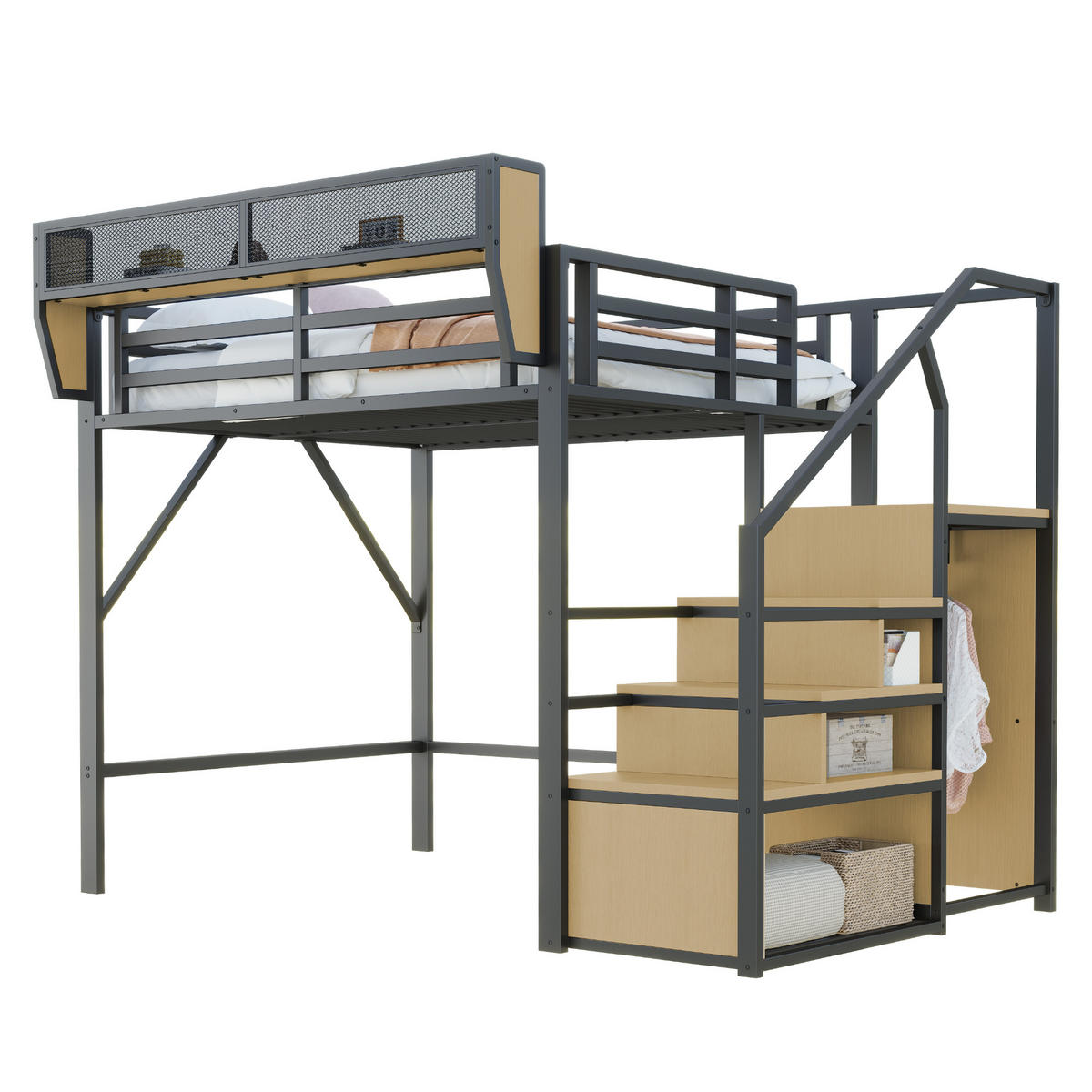 HOCHBETT 140 x 200 cm mit Sicherheitsleiter und Stauraum, Metallkonstruktion, schwarz - Schwarz, Metall (140/200cm) - KOMHTOM