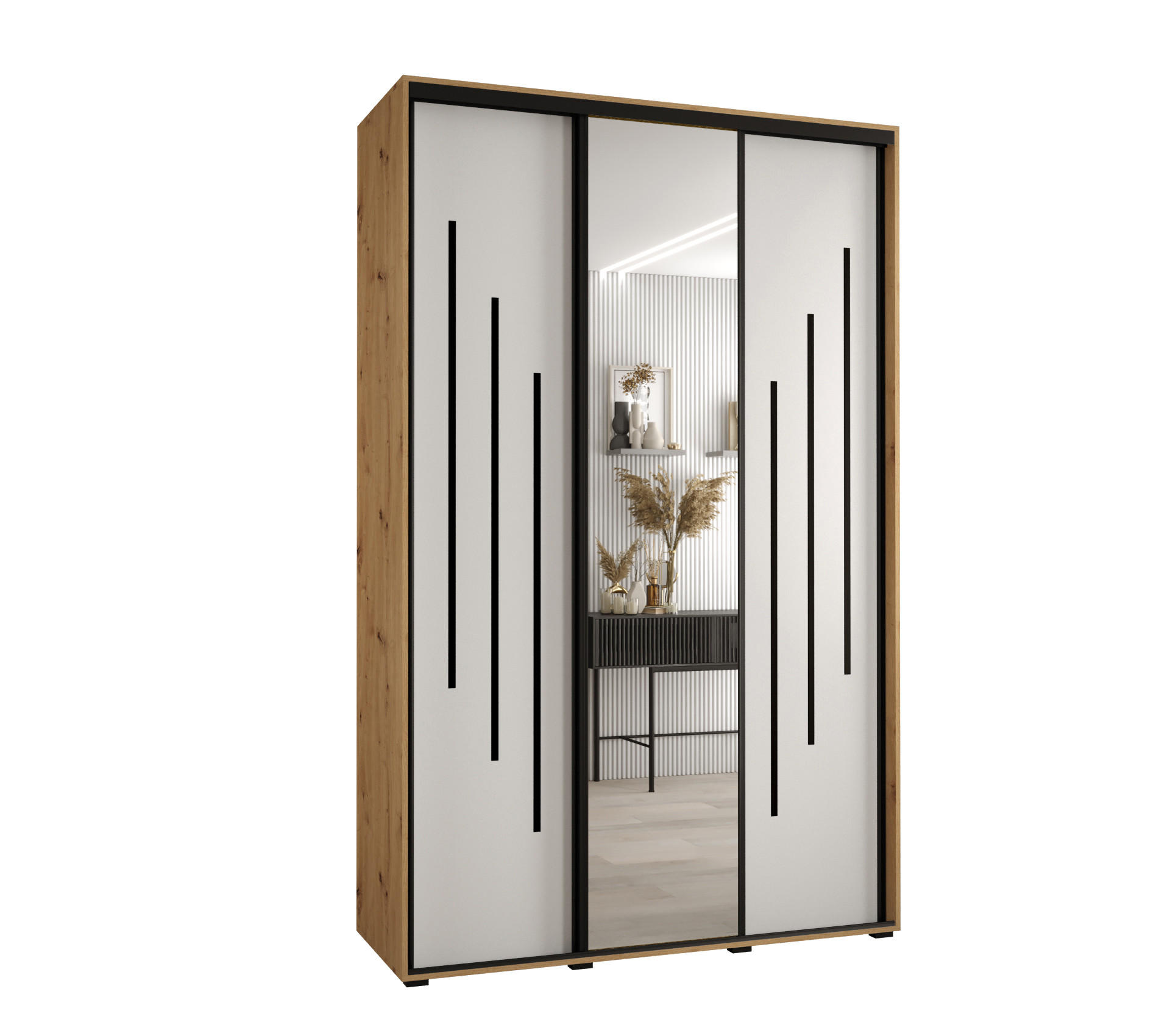 Abiks Möbel SCHWEBETÜRENSCHRANK Eiche Artisan, Weiß, Schwarz 160cm × 45cm × 235cm