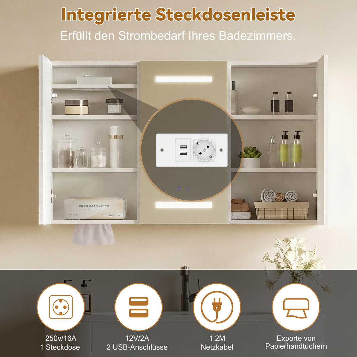 SPIEGELSCHRANK 100 cm LED, Antibeschlag, USB & Papierschlitz - Weiß, Glas (13.5/60/100cm) - SHOPENTRA