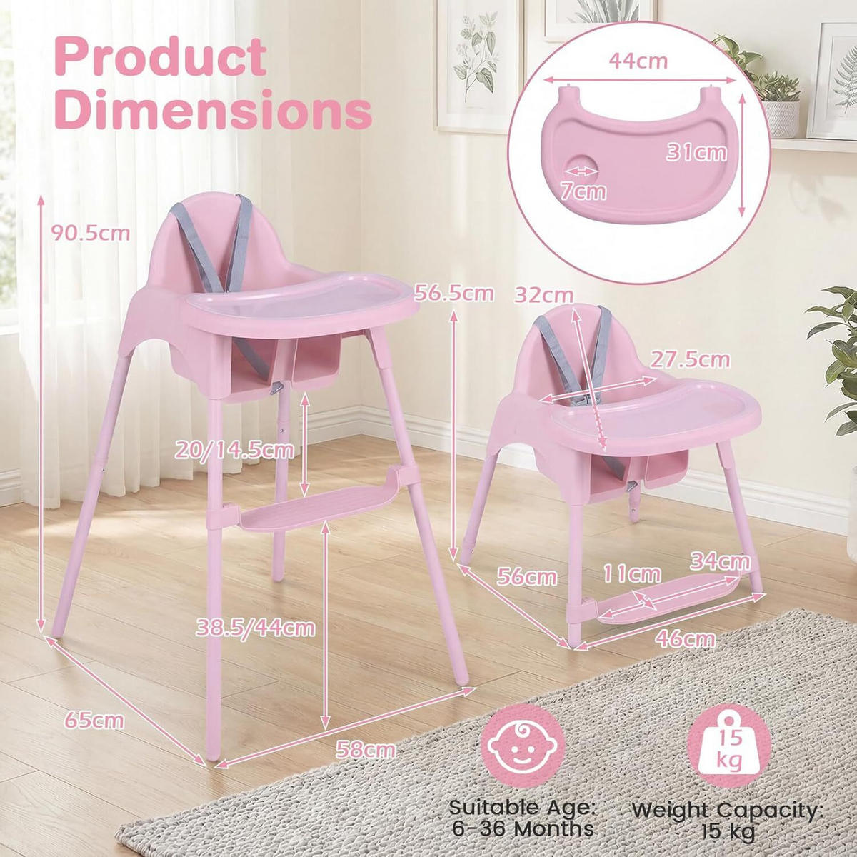 KINDERHOCHSTUHL aus Metall rosa - Pink, Metall (56/56.5/46cm) - COSTWAY