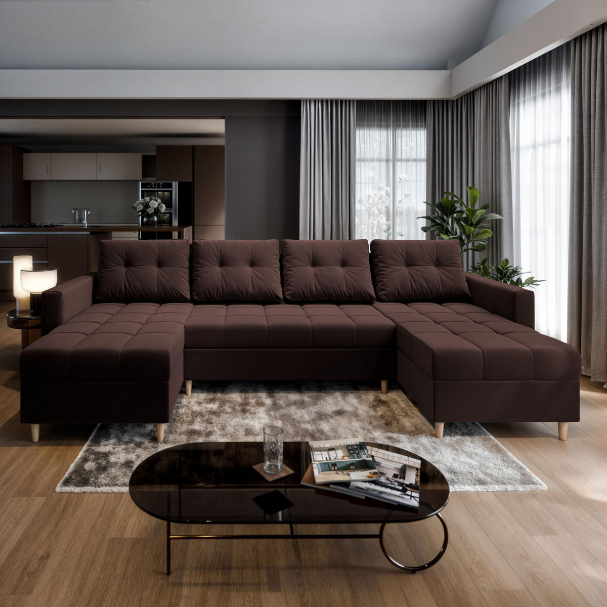 WOHNLANDSCHAFT MILO U Braun Plüsch-Stoff mit Schlaffunktion - Braun, Holz (285/91/140cm) - MASSENO