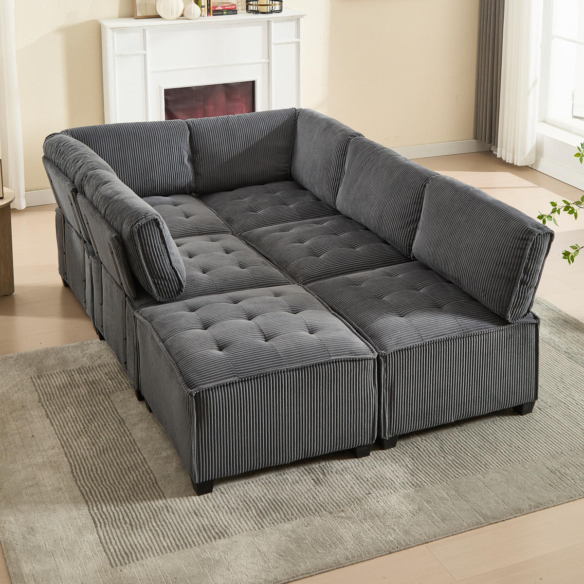 SOFA modular 6-Sitzer 308 x 154 cm Cord Gray - Grau, Kunststoff (154/82/308cm) - Meubliv