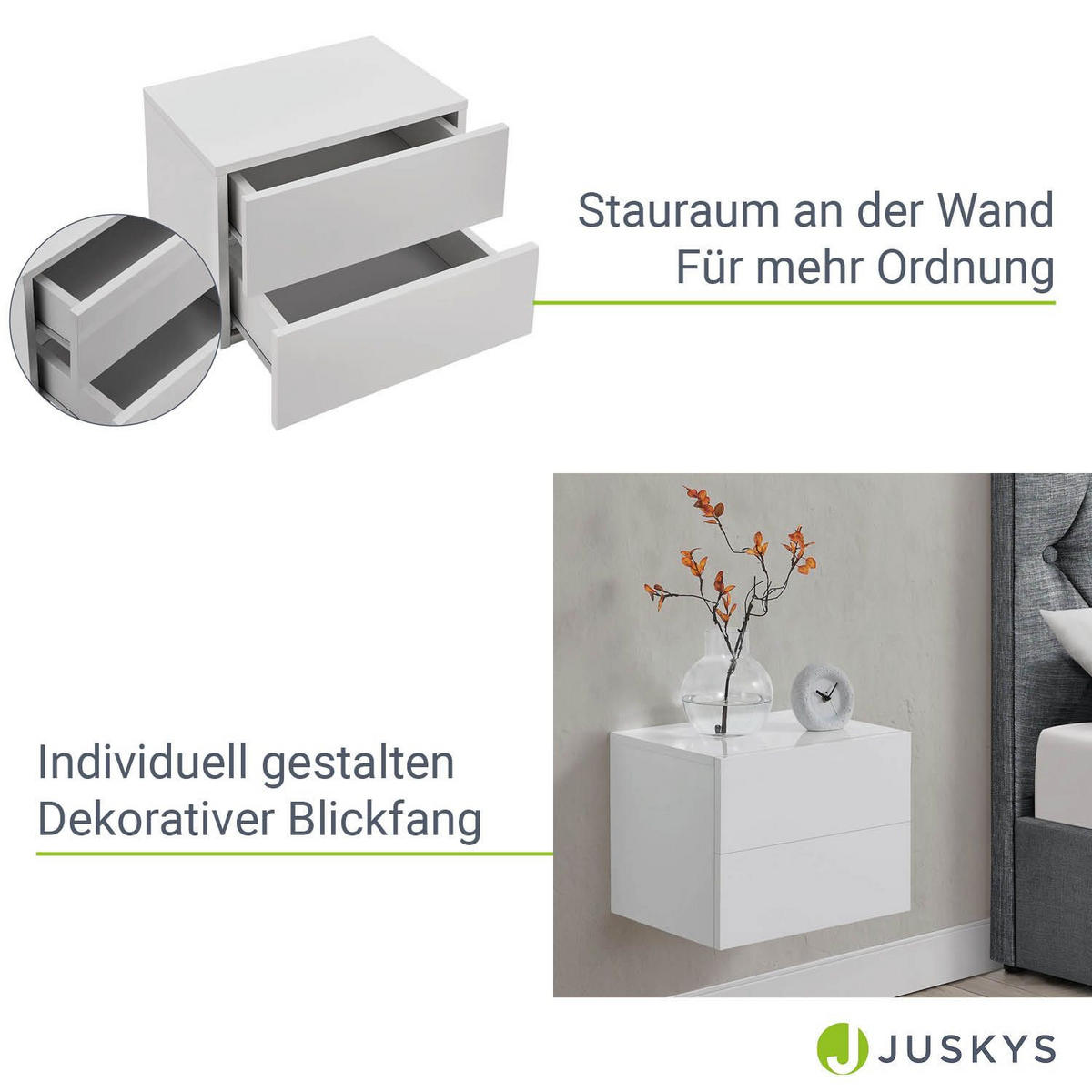 WANDSCHRANK Nachttisch mit 2 Schubladen Weiß 40x29x30 cm - Weiß, Holz (40/30/29cm) - Juskys