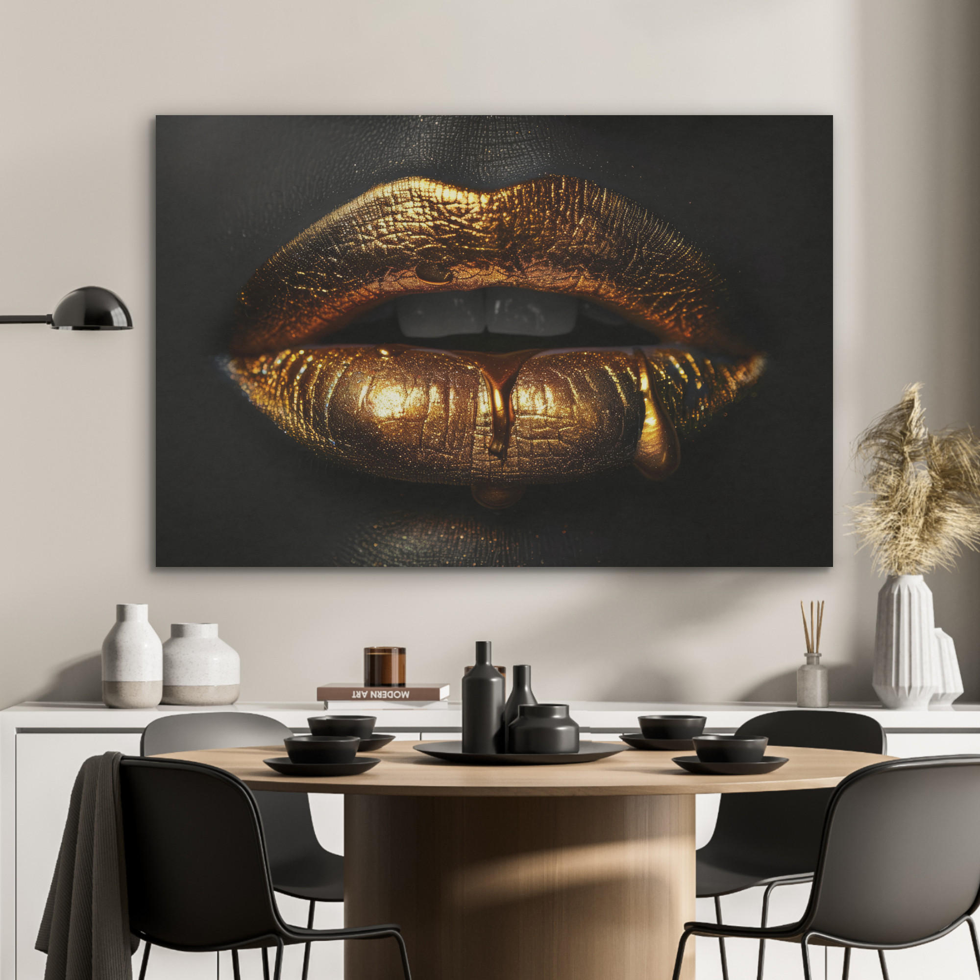AKUSTIKPANEEL Frau - Porträt - Lippen - Gold - Schwarz 100x70 cm - Schwarz, Textil (100/0.9/70cm) - MuchoWow