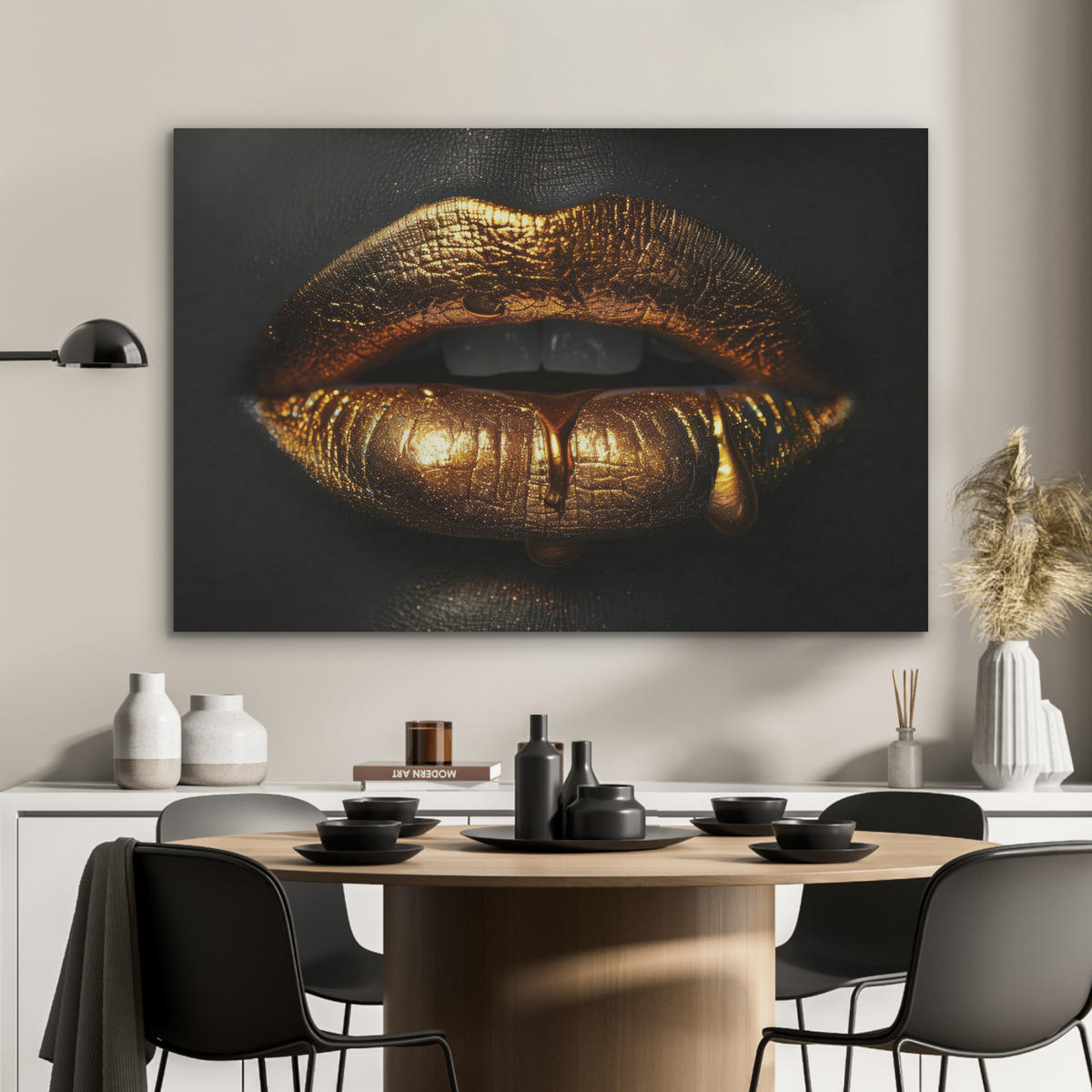 AKUSTIKPANEEL Frau - Porträt - Lippen - Gold - Schwarz 100x70 cm - Schwarz, Textil (100/0.9/70cm) - MuchoWow