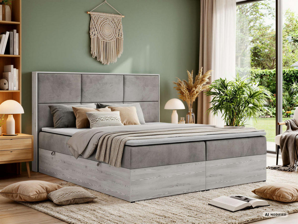 KONTINENTÁLNÍ POSTEL DELNOR 160/200 - Světle šedá Samet - Topper Visco - H3 - černá/světle šedá, textil/plast (160/200cm) - MKS