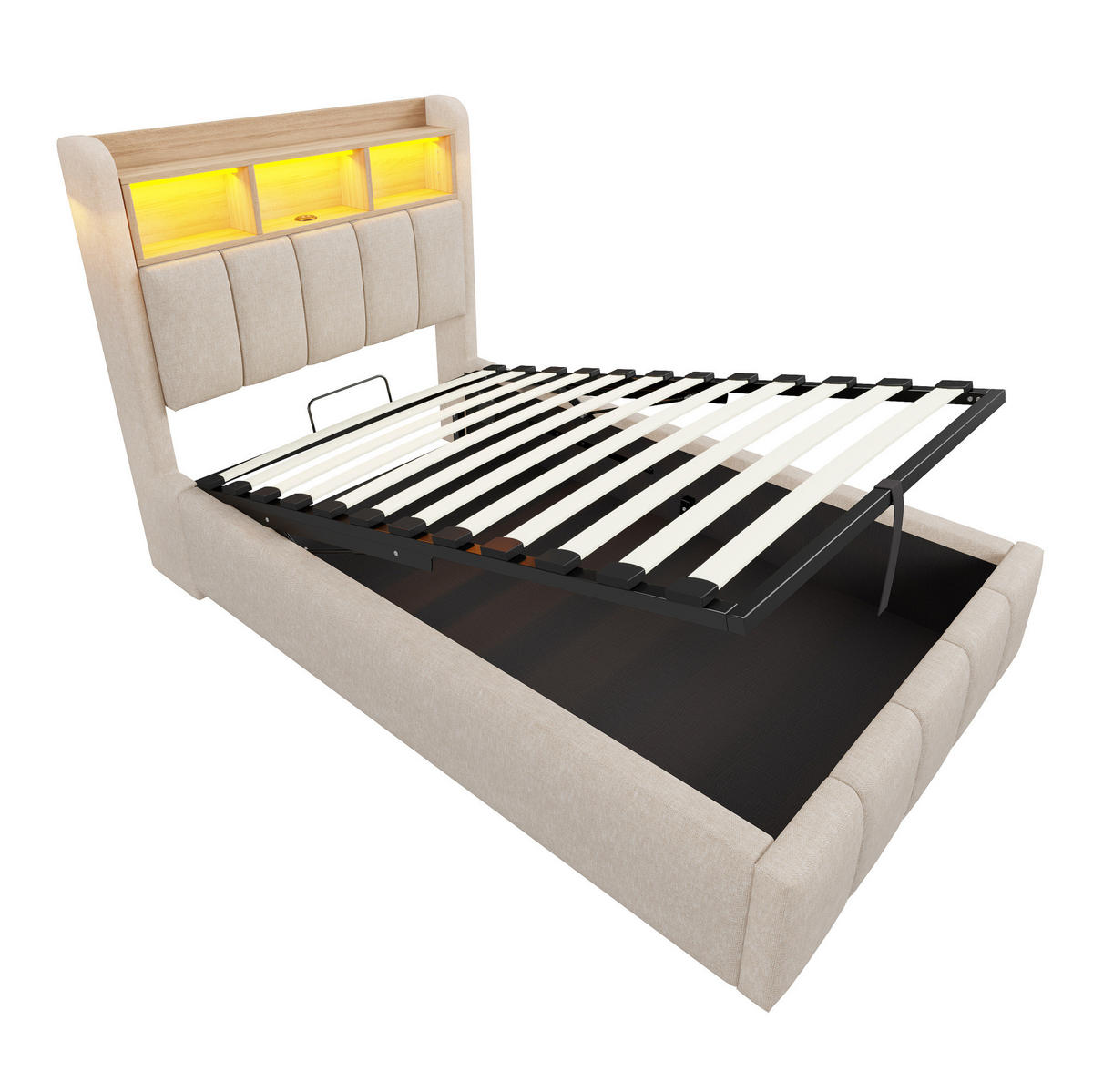 POLSTERBETT 90/200 cm Beige mit LED-Beleuchtung, Stauraum und USB-/Type-C-Anschlüssen - Beige, Textil (90/200cm) - Flora Grace