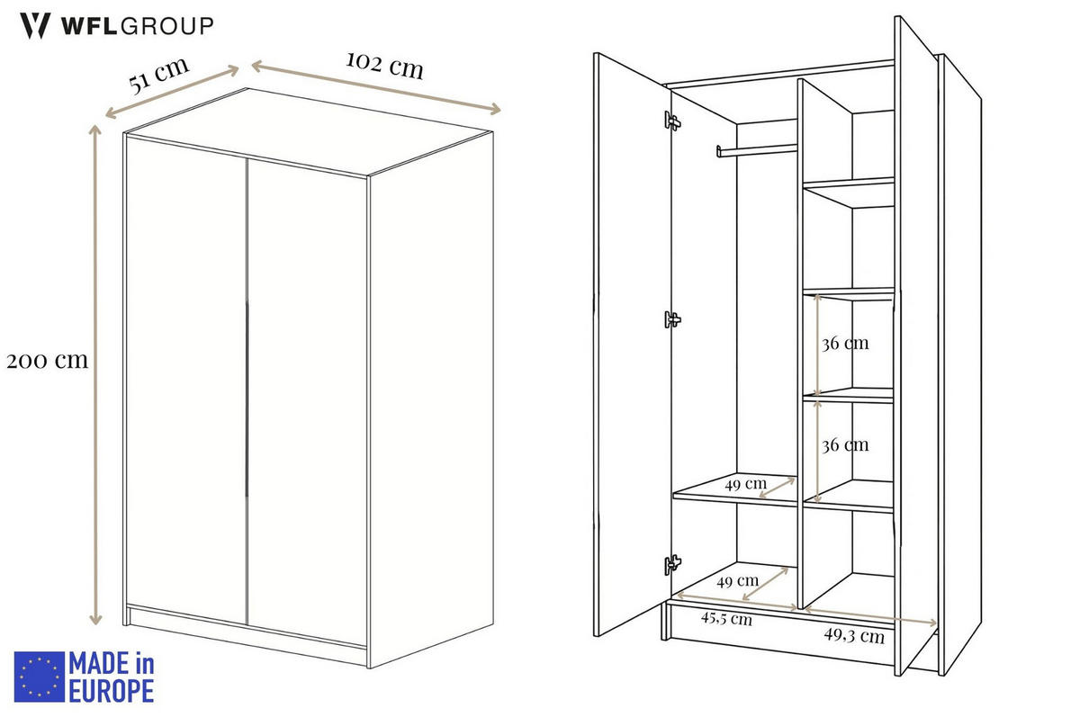 KLEIDERSCHRANK Mono Grifflos im Skandi-Stil, Weiß 102/200/51 cm - Weiß, Holzwerkstoff (102/200/51cm) - WFL GROUP
