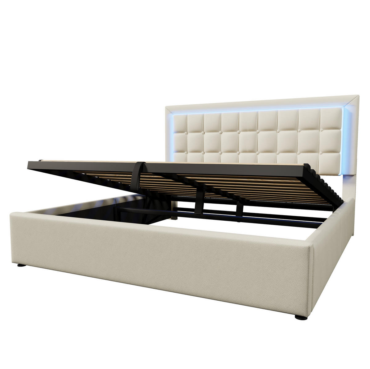POLSTERBETT aus PU, Holz und Metall 140x200 cm Weiß mit LED-Beleuchtung und hydraulischem Stauraum - Weiß, Leder (140/200cm) - IVMEU