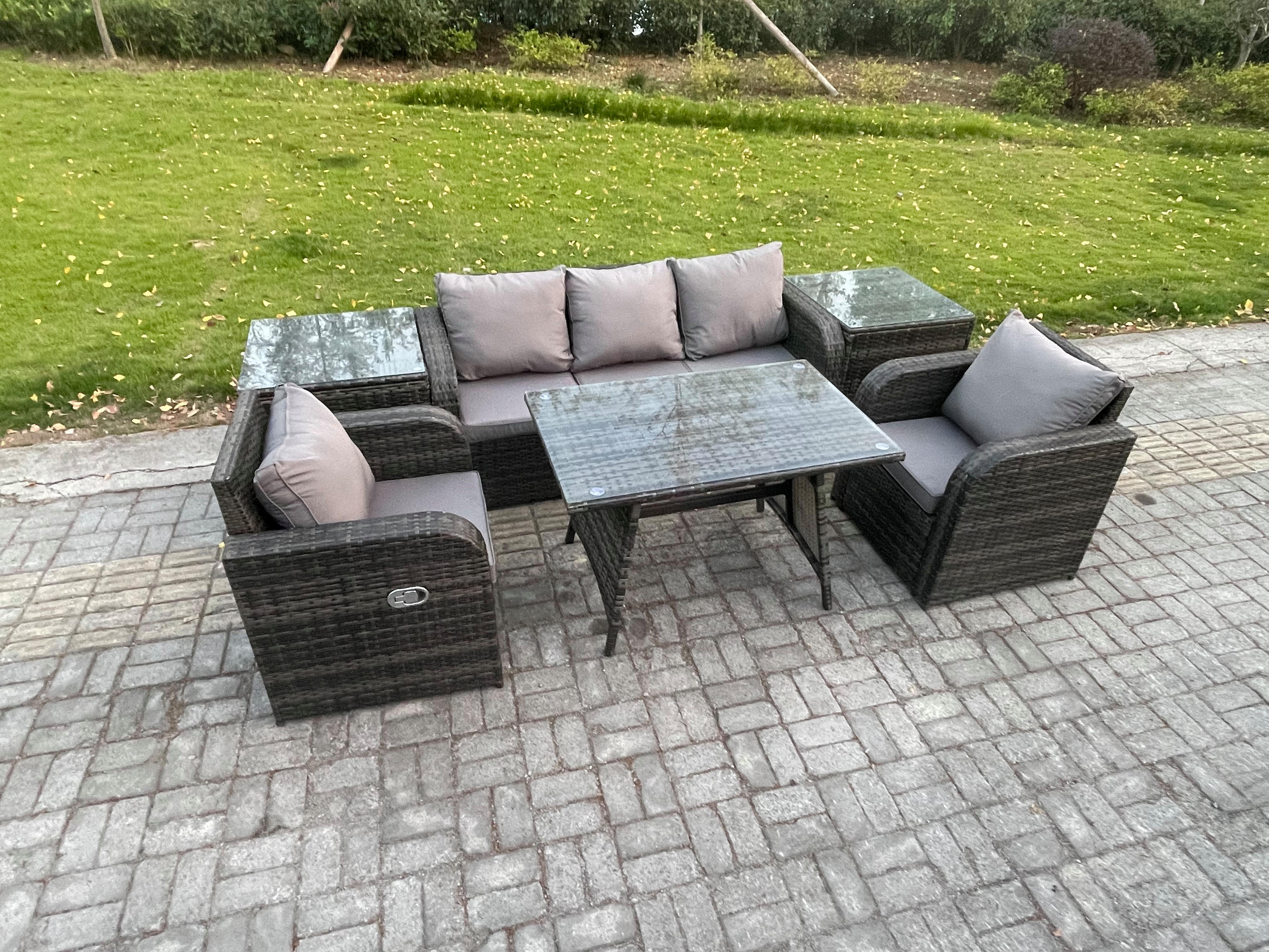 GARTENMÖBEL SET mit COUCHTISCH Polyrattan Dunkelgrau 5-Sitzer - Dunkelgrau/Grau, Glas/Kunststoff - Fimous