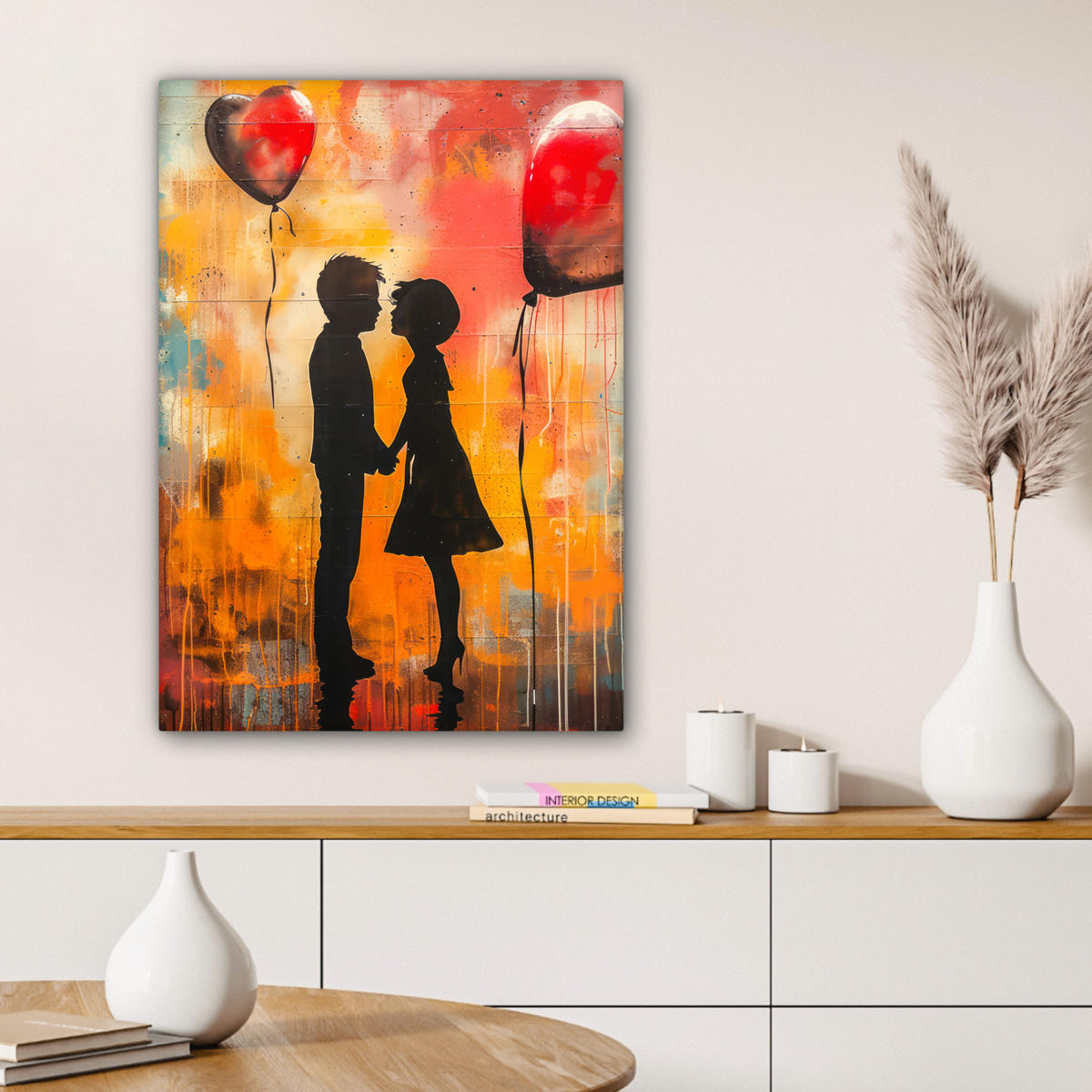 LEINWANDBILD Straßenkunst - Liebe - Graffiti - Kunst - Banksy 60x80 cm - Orange, Textil (60/80cm) - MuchoWow
