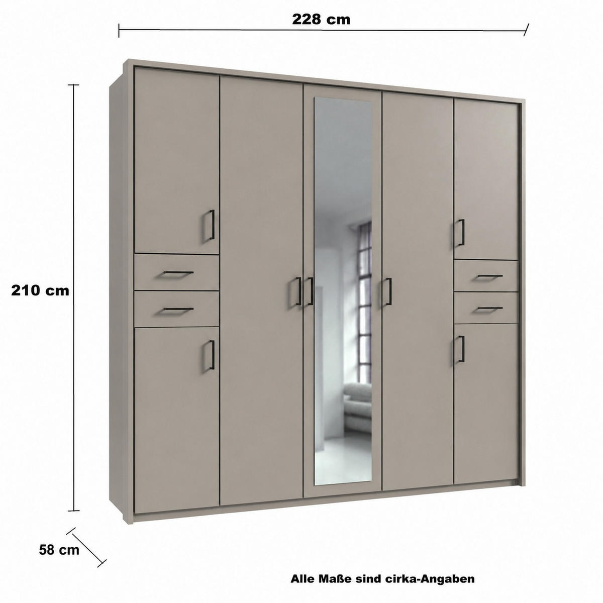 DREHTÜRENSCHRANK Kleiderschrank B228/H210/T58 cm mit Schubkästen & Passepartout & 1 Spiegeltür, Beige Grau, Griffe schwarz / 22574 - Greige/Beige, Holzwerkstoff/Kunststoff (228/210/58cm) - luma-home