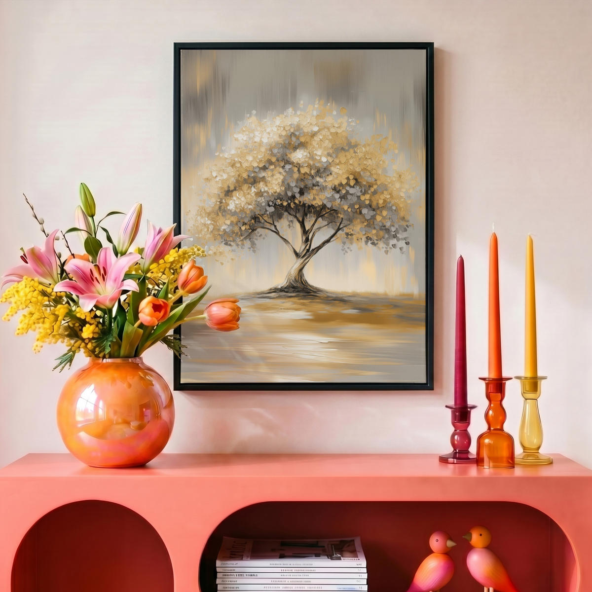 LEINWAND Bilder mit Rahmen - Gemälde - Baum - Abstrakt - Blätter - 30x40 - Beige, Textil (30/40cm) - MuchoWow