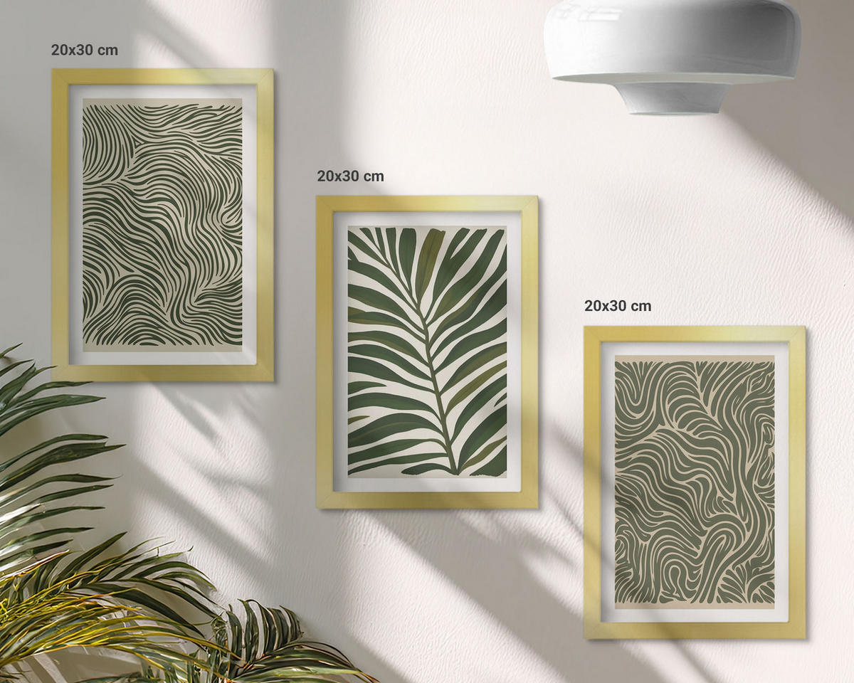 WANDBILDER 3er Set - 20x30 cm Goldrahmen - Blattmuster wellenförmige Formen - Goldfarben, Kunststoff (20/30cm) - ArtPrintCave